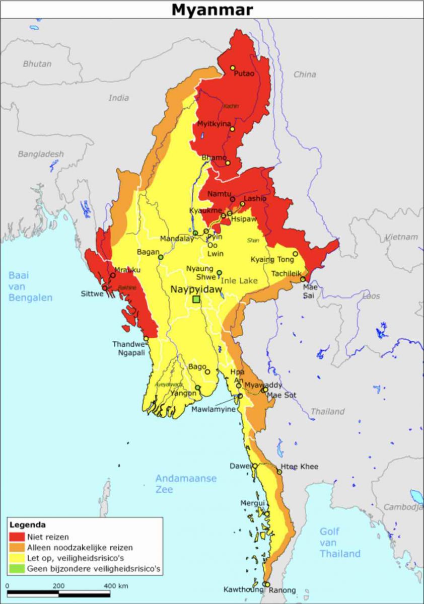 Kaart van het actuele reisadvies voor Myanmar 